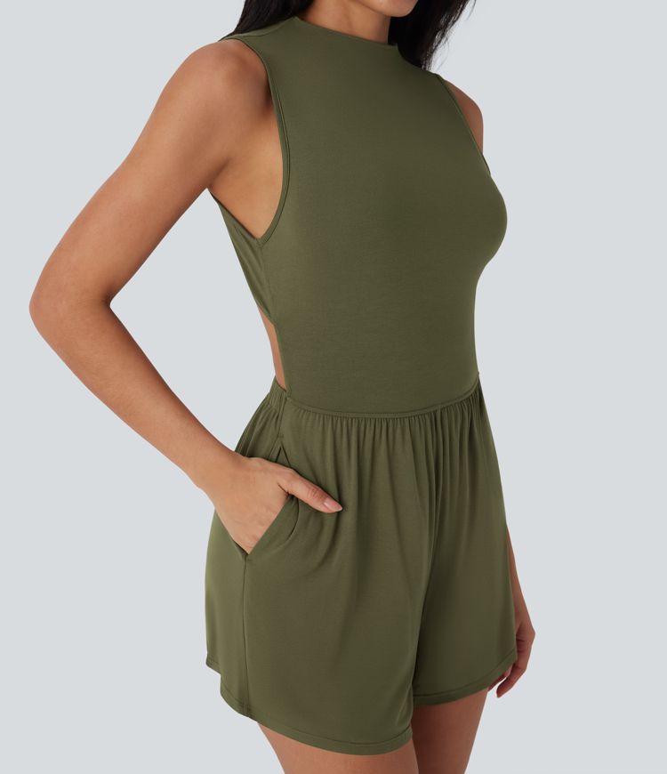 Mock-Neck Sleeveless Casual Jumpsuit with Pockets-Easy Peezy