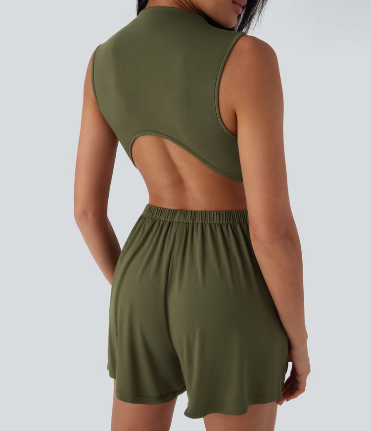 Mock-Neck Sleeveless Casual Jumpsuit with Pockets-Easy Peezy