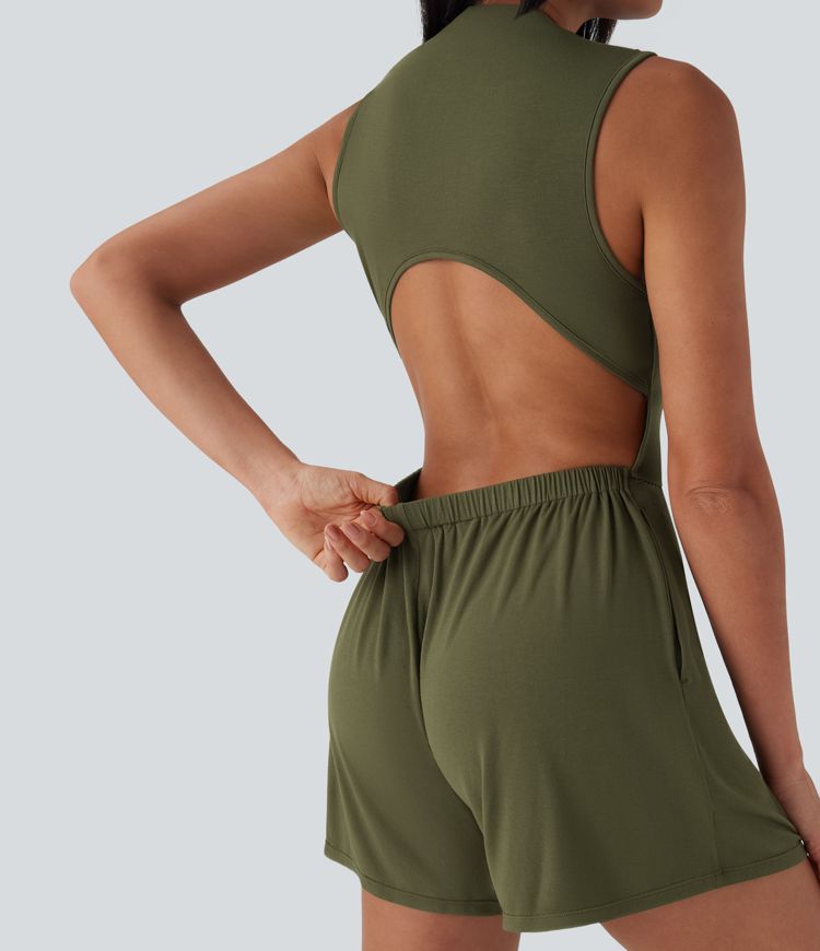 Mock-Neck Sleeveless Casual Jumpsuit with Pockets-Easy Peezy