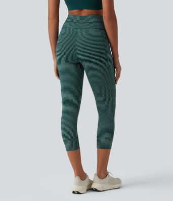 High Waisted Drawstring Stripe Capri Yoga Leggings with Pockets