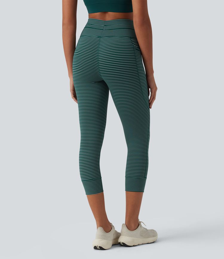 High Waisted Drawstring Stripe Capri Yoga Leggings with Pockets