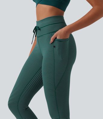High Waisted Drawstring Stripe Capri Yoga Leggings with Pockets