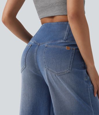Halara Flex™ Crossover High Waisted Tummy Control Wide Leg Casual Jeans with Pockets