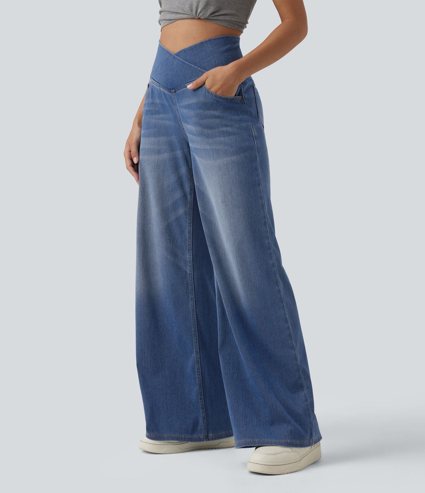 Halara Flex™ Crossover High Waisted Tummy Control Wide Leg Casual Jeans with Pockets