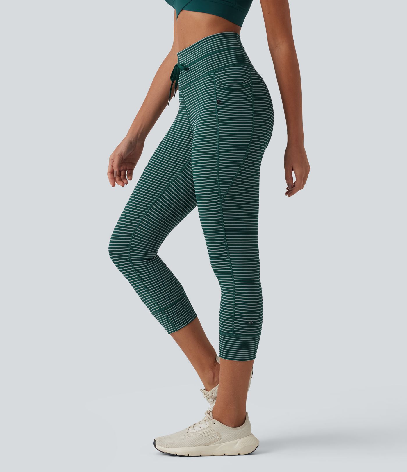 High Waisted Drawstring Stripe Capri Yoga Leggings with Pockets