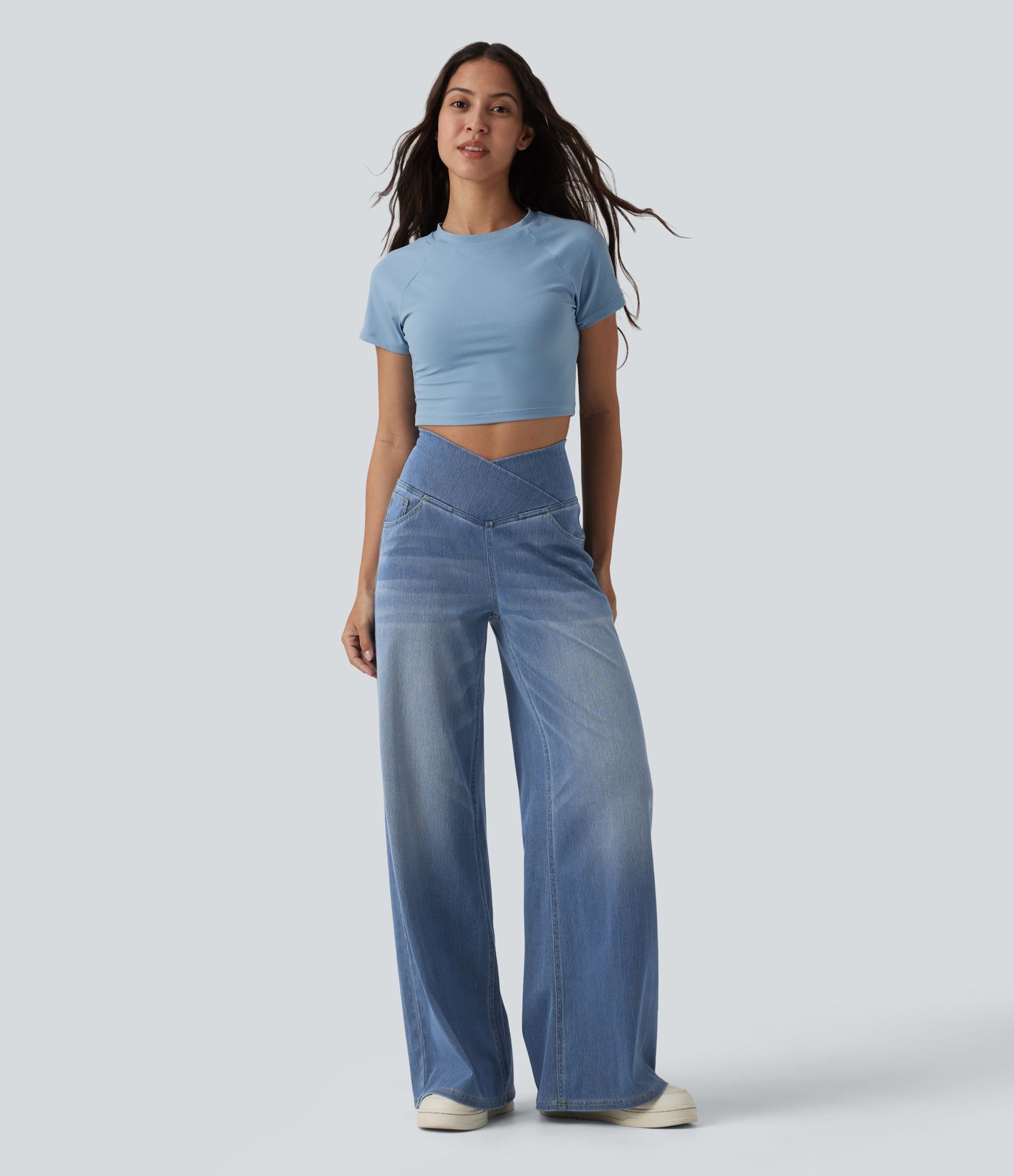 Halara Flex™ Jean large casual taille haute croisée ventre plat, avec poches