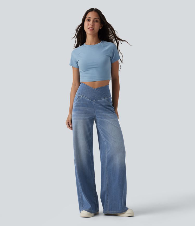 Halara Flex™ Jean large casual taille haute croisée ventre plat, avec poches