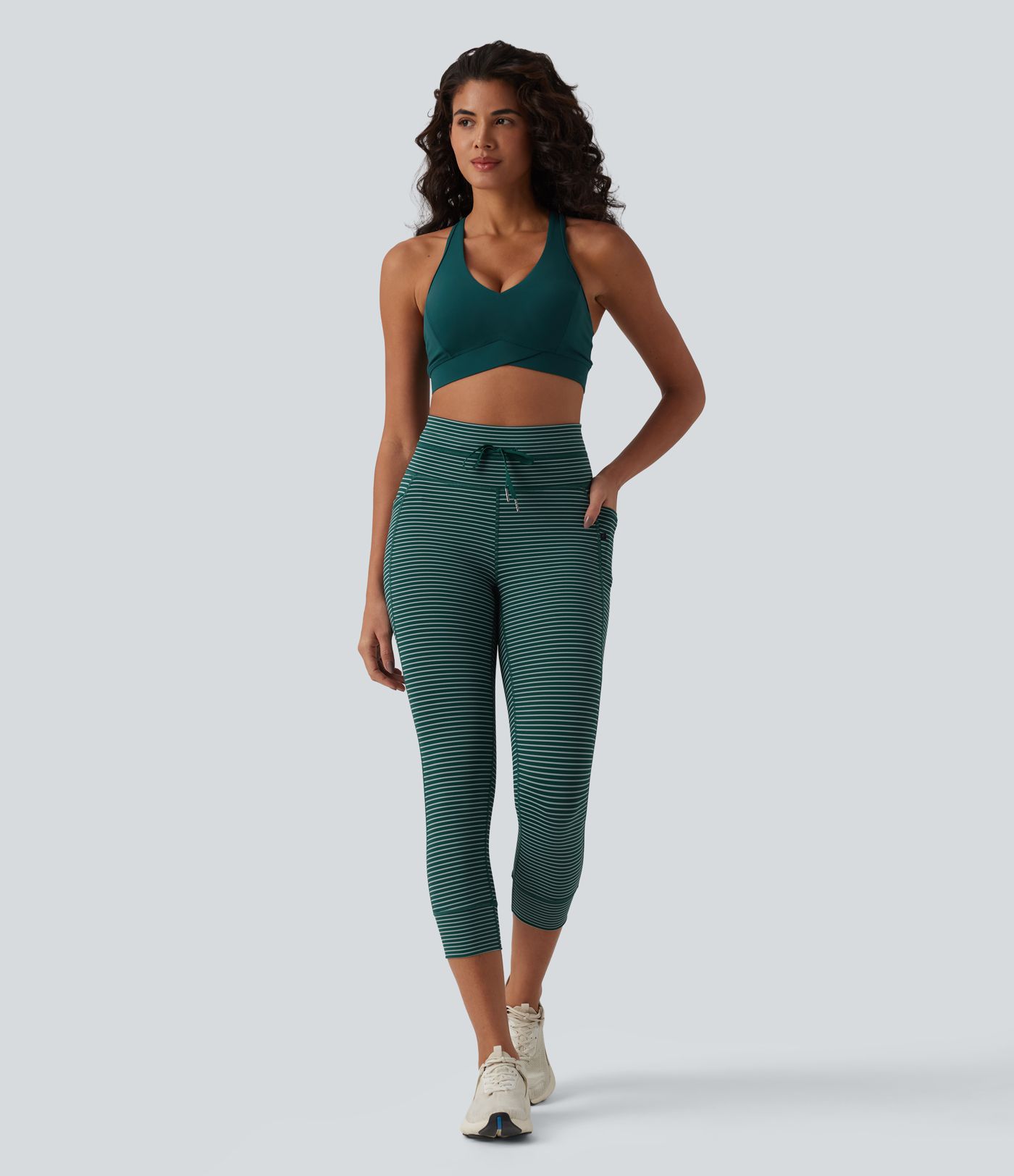High Waisted Drawstring Stripe Capri Yoga Leggings with Pockets