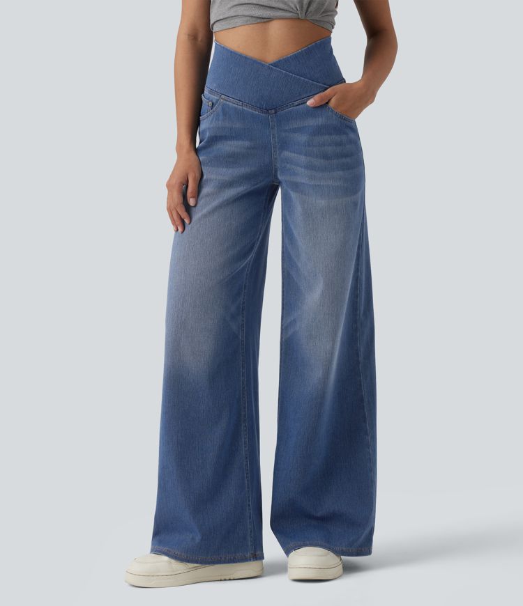 Halara Flex™ Crossover High Waisted Tummy Control Wide Leg Casual Jeans with Pockets