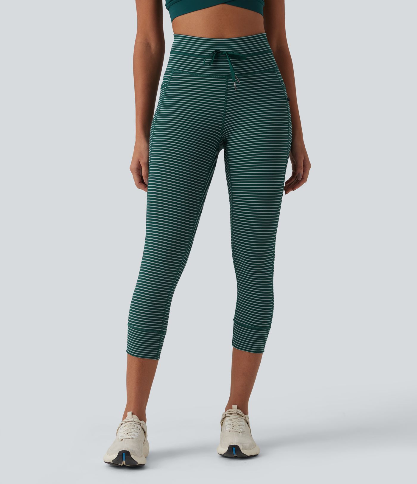 High Waisted Drawstring Stripe Capri Yoga Leggings with Pockets