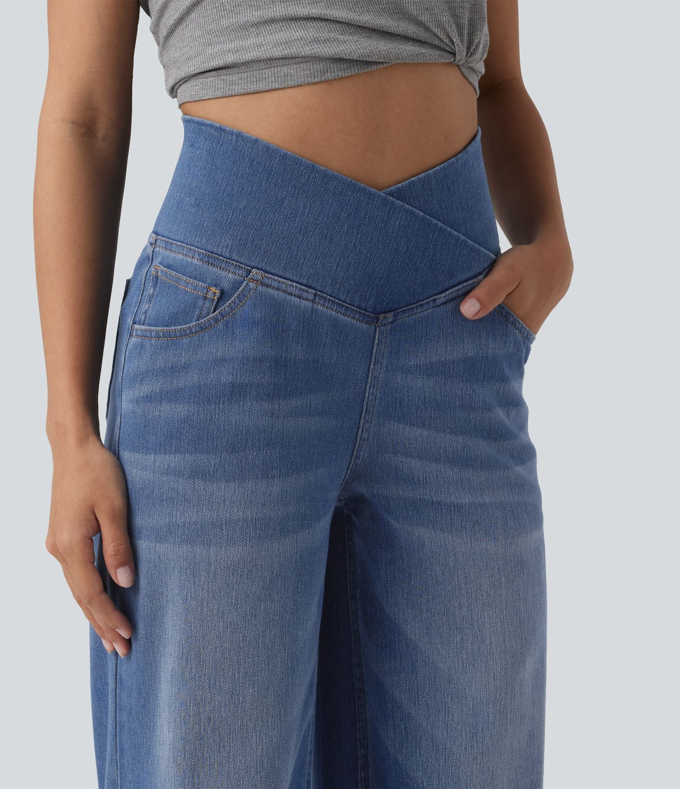 Halara Flex™ Crossover High Waisted Tummy Control Wide Leg Casual Jeans with Pockets