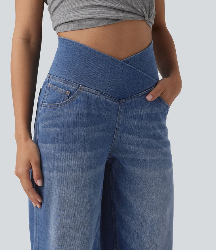 Halara Flex™ Crossover High Waisted Tummy Control Wide Leg Casual Jeans with Pockets