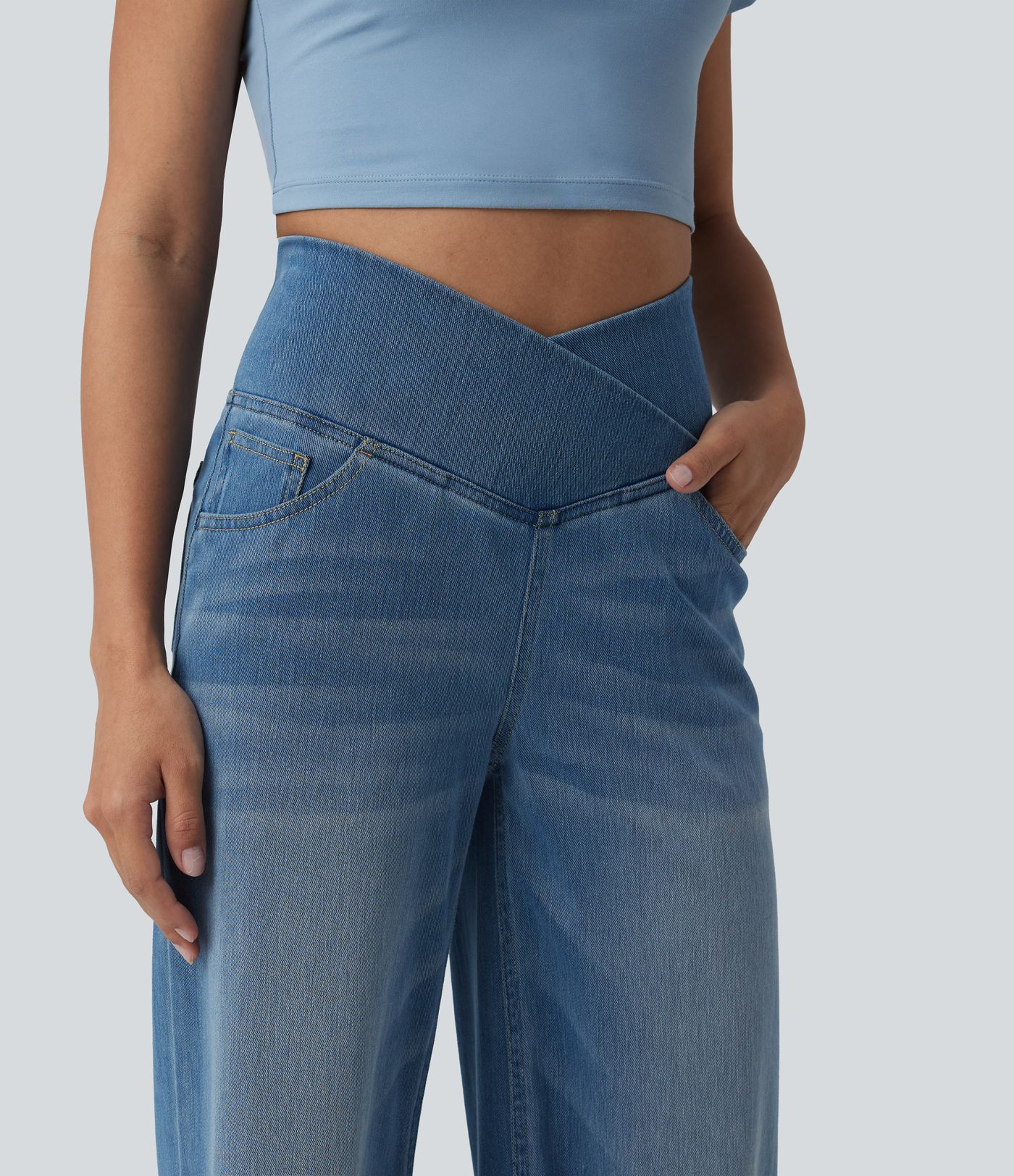 Halara Flex™ Jean large casual taille haute croisée ventre plat, avec poches