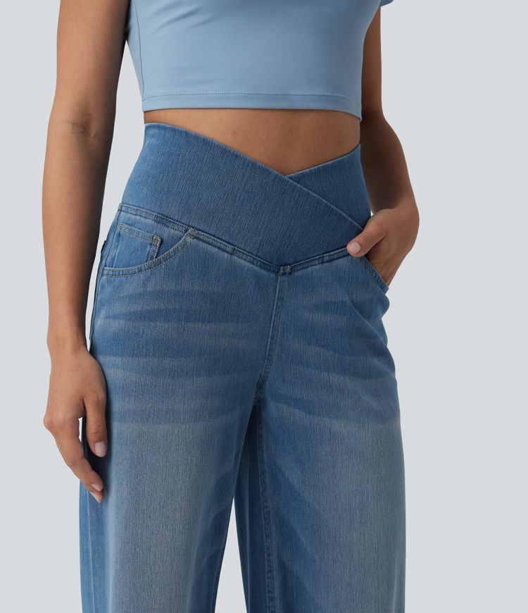 Halara Flex™ Jean large casual taille haute croisée ventre plat, avec poches