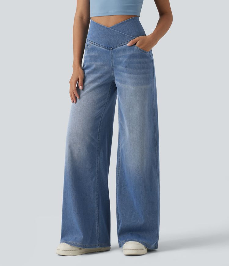 Halara Flex™ Crossover High Waisted Tummy Control Wide Leg Casual Jeans with Pockets