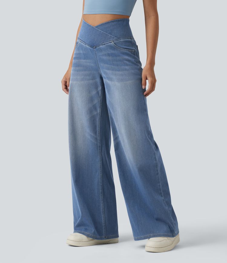 Halara Flex™ Jean large casual taille haute croisée ventre plat, avec poches