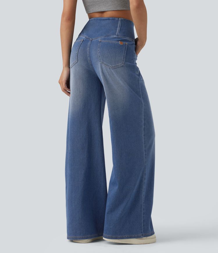 Halara Flex™ Crossover High Waisted Tummy Control Wide Leg Casual Jeans with Pockets