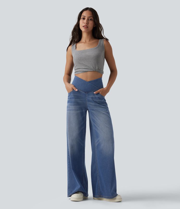 Halara Flex™ Crossover High Waisted Tummy Control Wide Leg Casual Jeans with Pockets