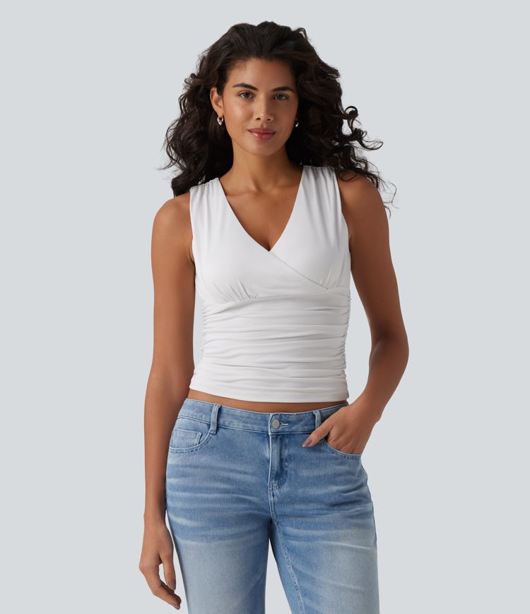 Top de tirantes casual con escote en V profundo, cruzado y fruncido