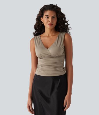 Deep V-neck Crossover Ruched Casual Tank Top