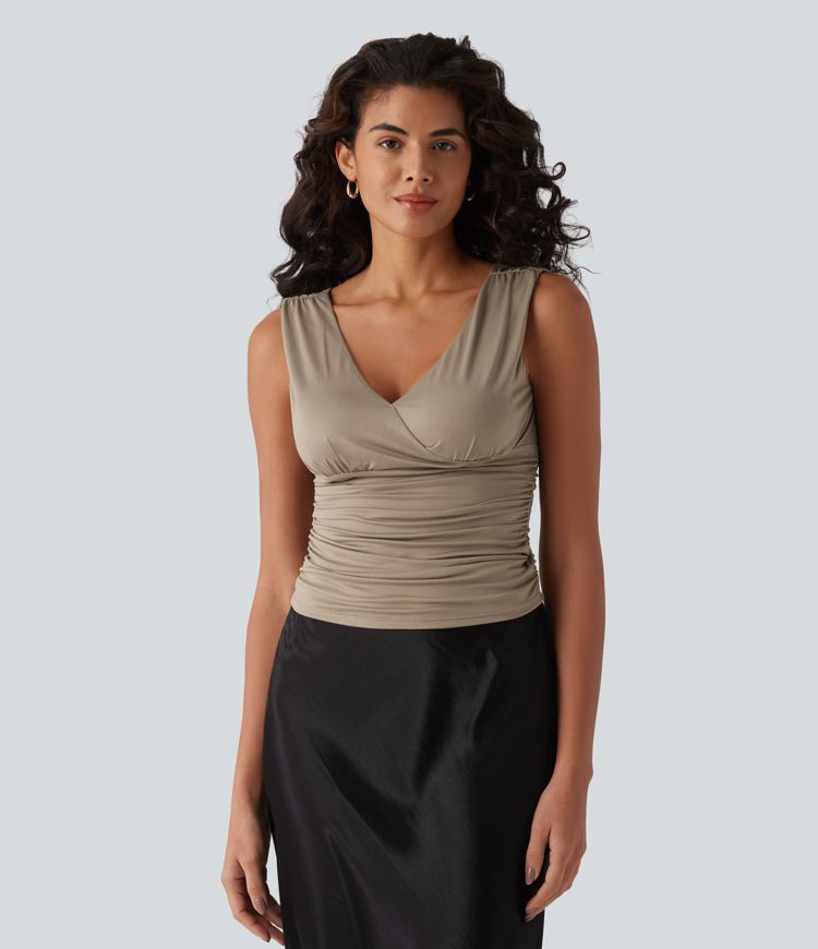 Deep V-neck Crossover Ruched Casual Tank Top