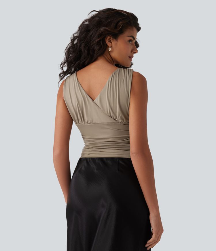 Deep V-neck Crossover Ruched Casual Tank Top