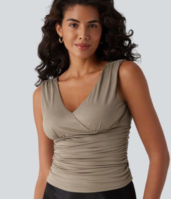Deep V-neck Crossover Ruched Casual Tank Top