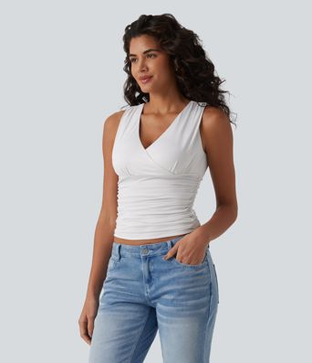 Top de tirantes casual con escote en V profundo, cruzado y fruncido