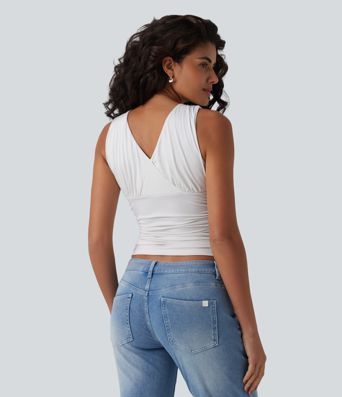 Top de tirantes casual con escote en V profundo, cruzado y fruncido