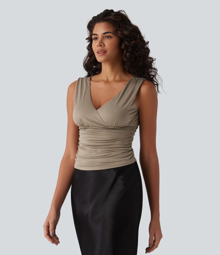 Deep V-neck Crossover Ruched Casual Tank Top