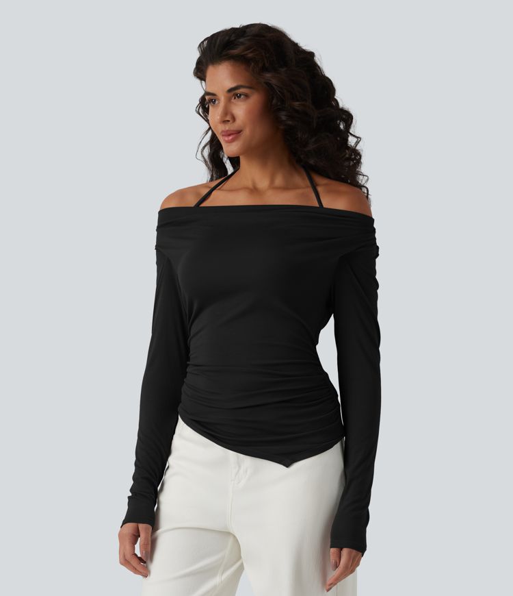 Ребрист ежедневен топ с халтер, открити рамене и дълги ръкави, с подробно описание на асиметрията на местоположението