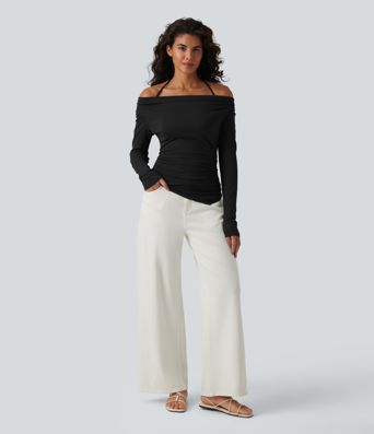 Ребрист ежедневен топ с халтер, открити рамене и дълги ръкави, с подробно описание на асиметрията на местоположението