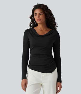 Ребрист ежедневен топ с халтер, открити рамене и дълги ръкави, с подробно описание на асиметрията на местоположението