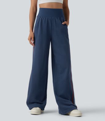 Baumwoll-Jogginghose mit hohem Bund, bauchgeformt, weitem Bein, gestreift und mit Taschen