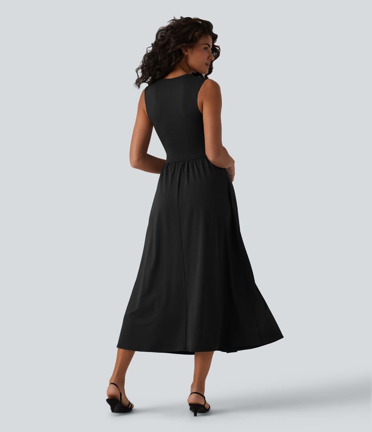 Round Neck Sleeveless Flowy Midi Casual Dress with Pockets