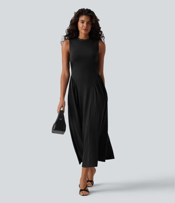 Round Neck Sleeveless Flowy Midi Casual Dress with Pockets
