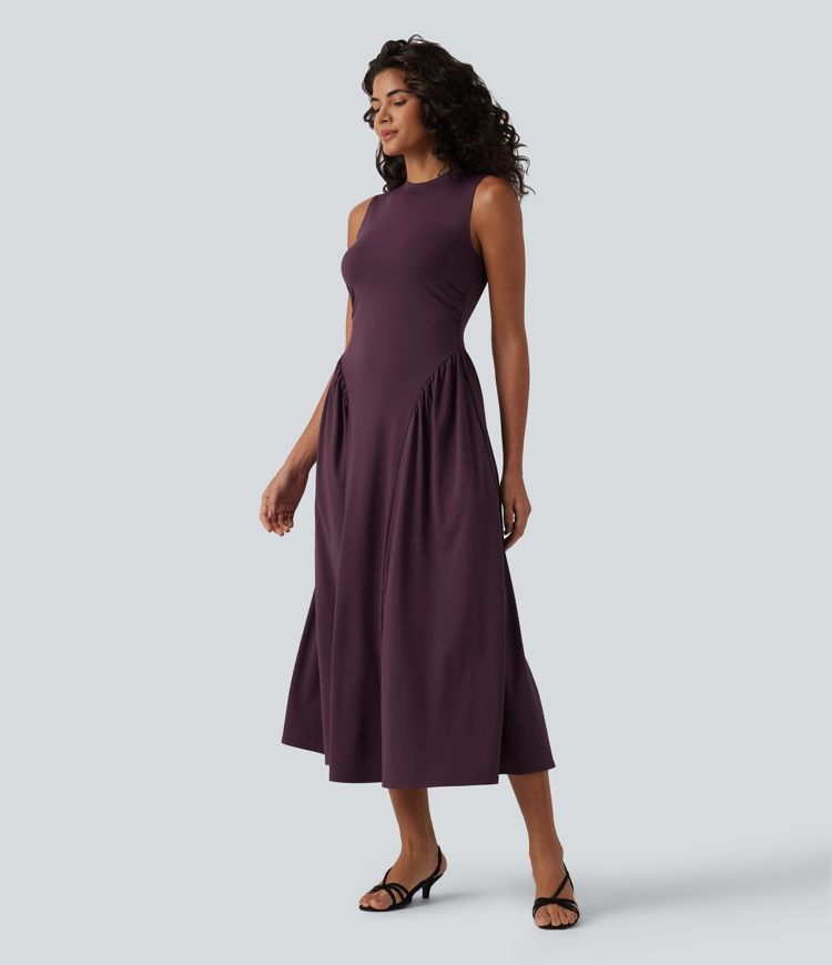 Round Neck Sleeveless Flowy Midi Casual Dress with Pockets