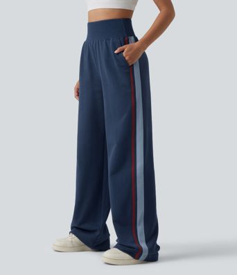 Baumwoll-Jogginghose mit hohem Bund, bauchgeformt, weitem Bein, gestreift und mit Taschen