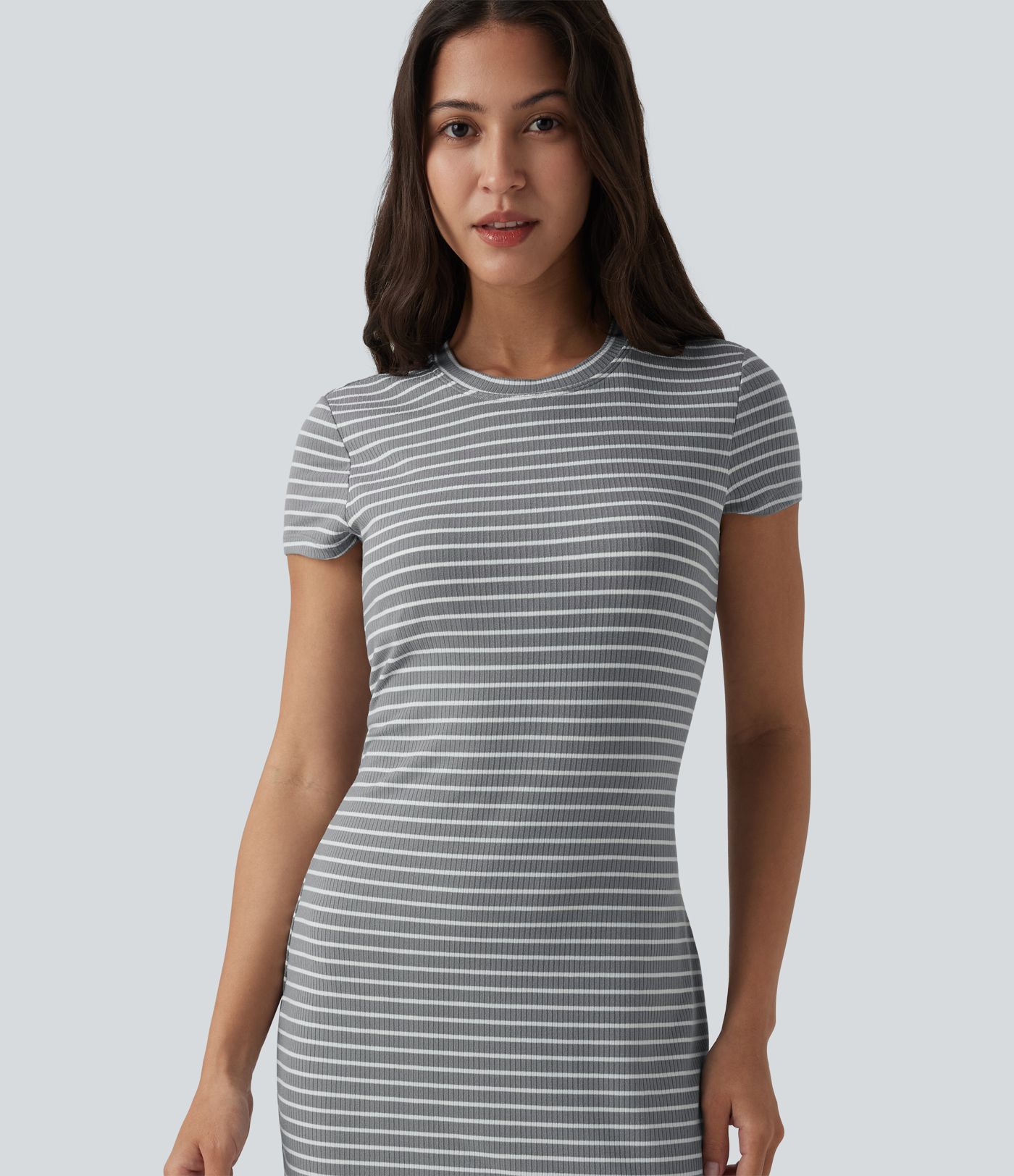 Round Neck Short Sleeve Built-in Bra Stripes Bodycon Mini Casual Dress