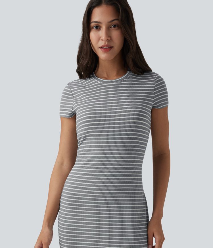 Round Neck Short Sleeve Built-in Bra Stripes Bodycon Mini Casual Dress
