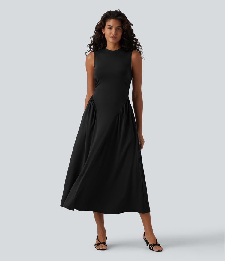 Round Neck Sleeveless Flowy Midi Casual Dress with Pockets