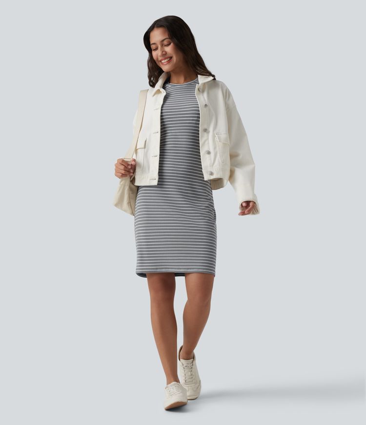 Round Neck Short Sleeve Built-in Bra Stripes Bodycon Mini Casual Dress