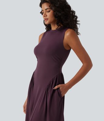 Round Neck Sleeveless Flowy Midi Casual Dress with Pockets