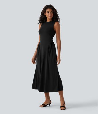 Round Neck Sleeveless Flowy Midi Casual Dress with Pockets
