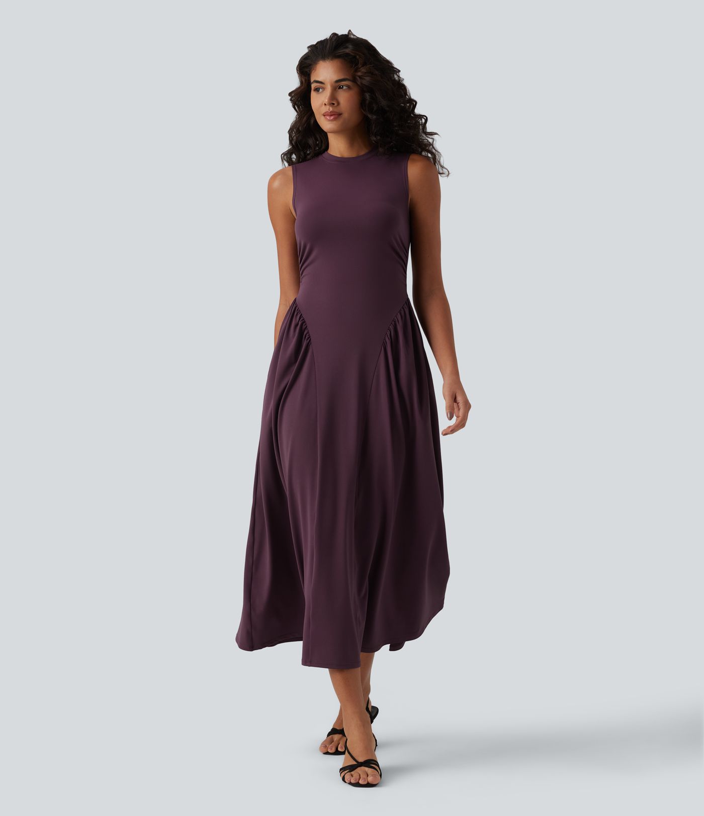 Round Neck Sleeveless Flowy Midi Casual Dress with Pockets
