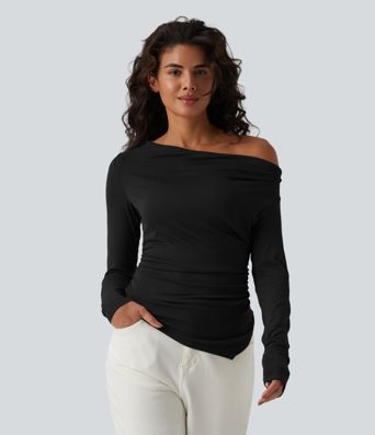 Ребрист ежедневен топ с халтер, открити рамене и дълги ръкави, с подробно описание на асиметрията на местоположението