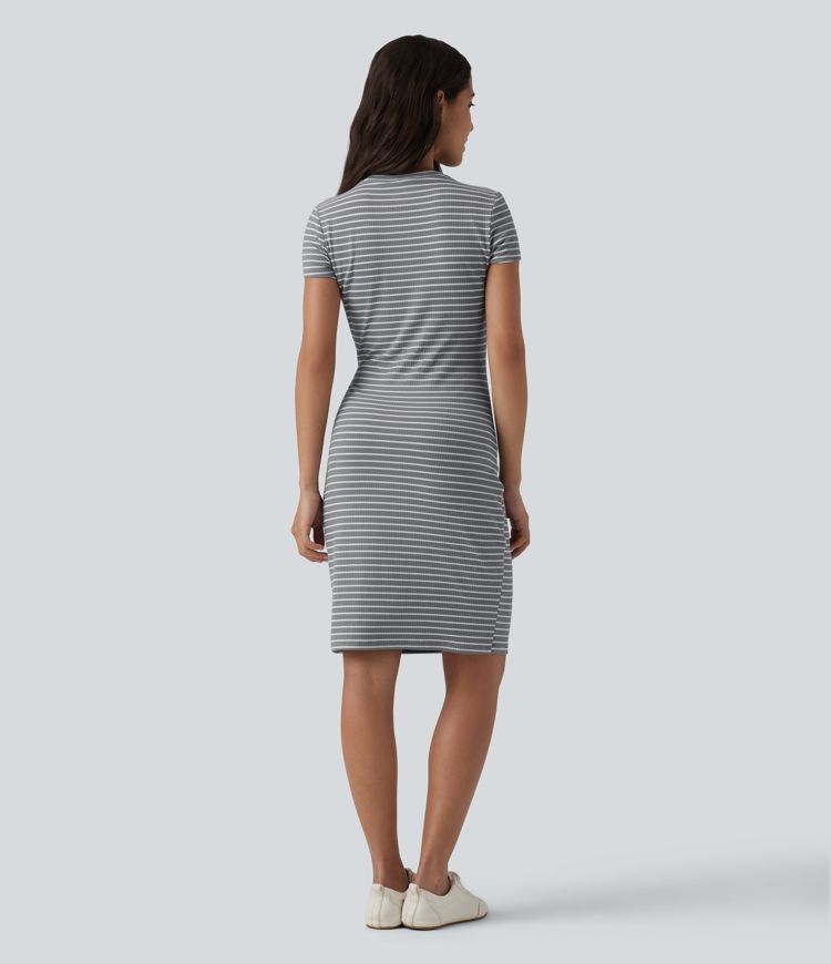 Round Neck Short Sleeve Built-in Bra Stripes Bodycon Mini Casual Dress