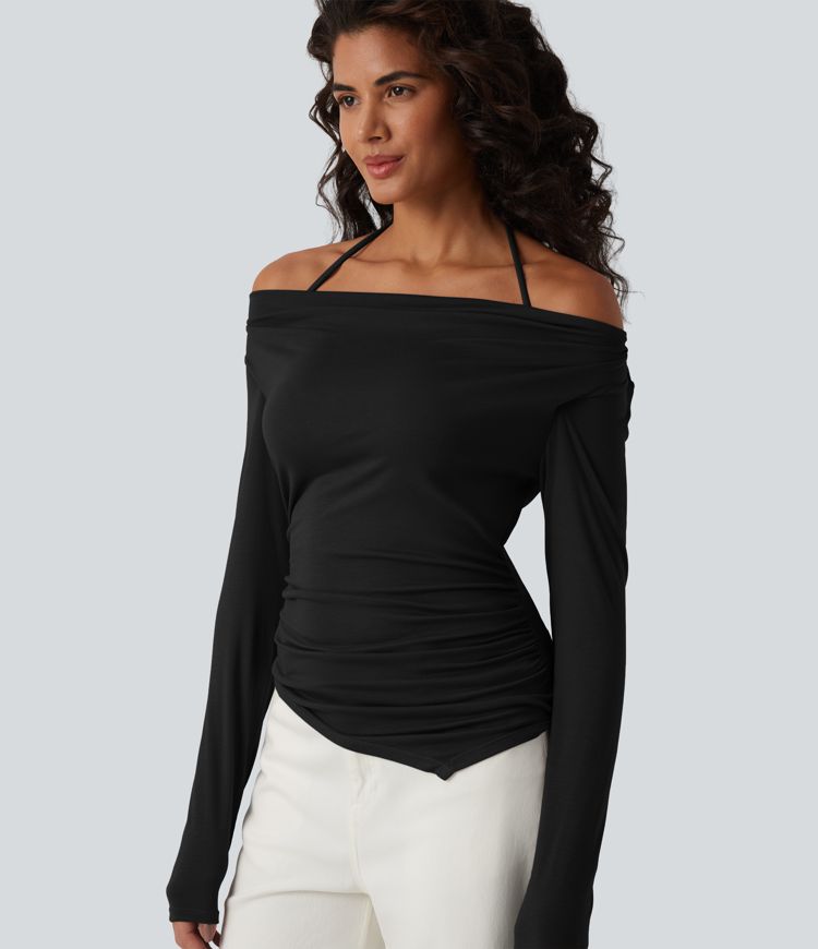 Ребрист ежедневен топ с халтер, открити рамене и дълги ръкави, с подробно описание на асиметрията на местоположението