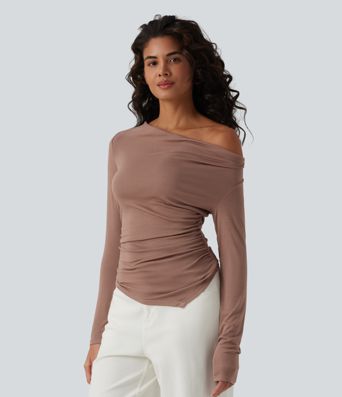 Ribbed Halter Off Shoulder Long Sleeve Ruched Asymmetric Hem Casual Top