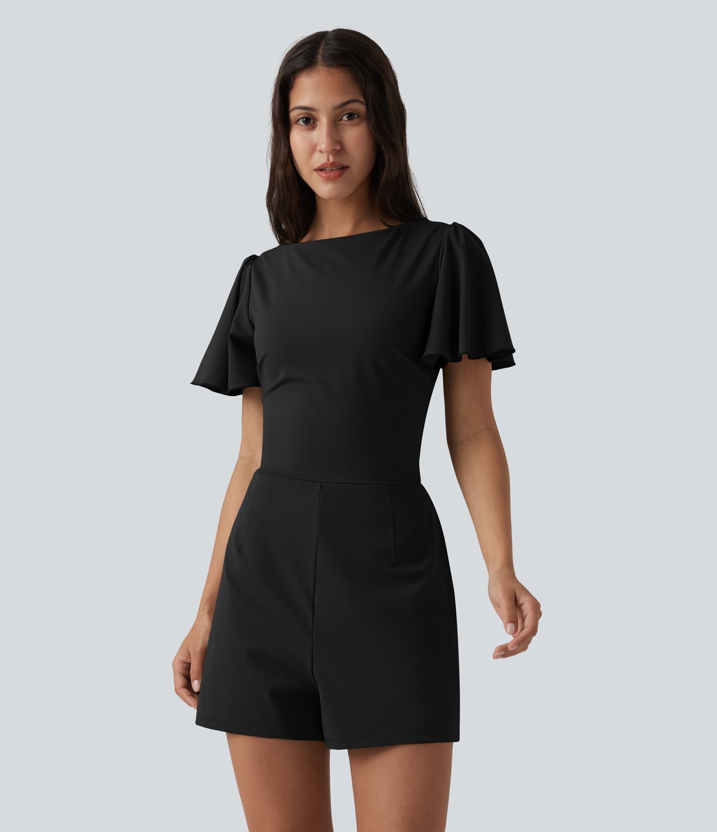 SoftlyZero™ Airy Flounce Short Sleeve Tie Back Cool Touch Casual Romper with Pockets-Easy Peezy Edition